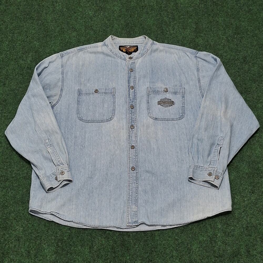 Harley Davidson Shirt Mens XL Blue Long Sleeve Denim Band Collar Button